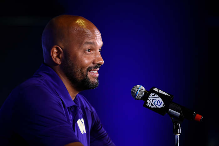 Jul 27, 2021; Hollywood, CA, USA; Washington Huskies head coach Jimmy Lake speaks with the media during the Pac-12 football Media Day at the W Hollywood.